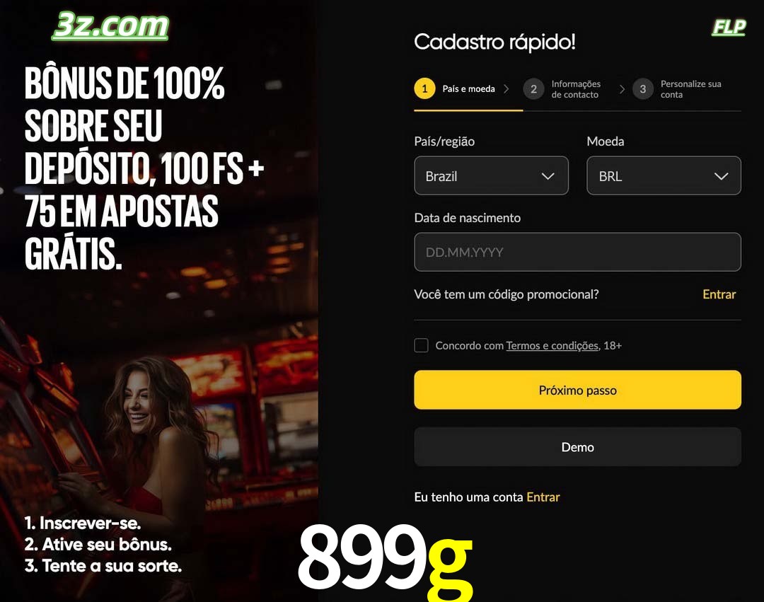 899g registro oficial cassino online Brasil com bônus de depósito e free spins